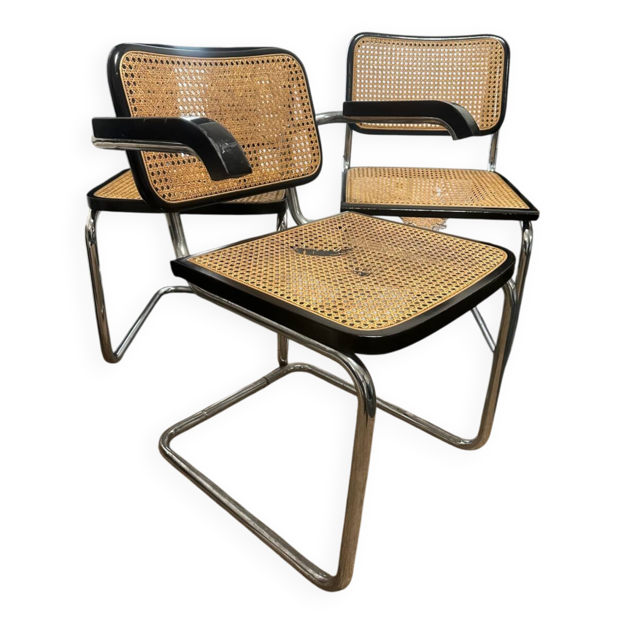 Lot of 1 armchair and 2 Cesca B32 chairs, Thonet edition, seats need reupholstering