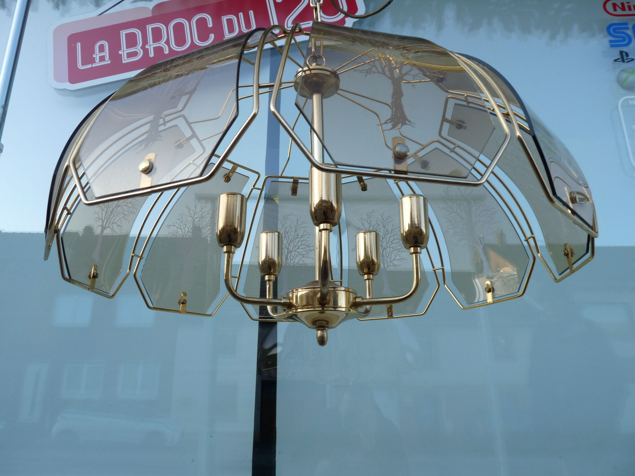 Lustre doré 5 feux verre fumé arbre