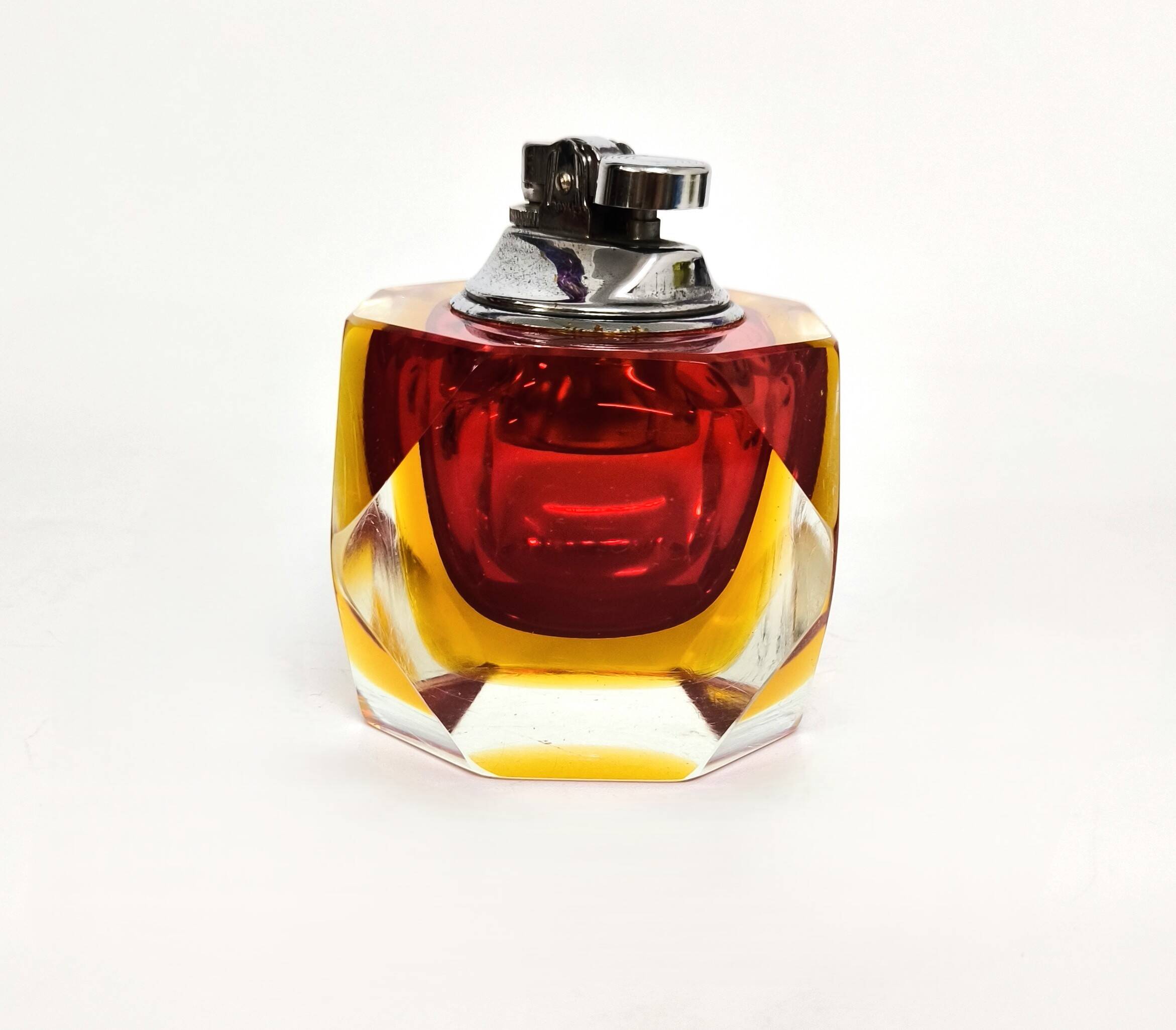 Cendrier vintage en verre de Murano facetté, jaune et rouge