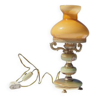 Lamp in onyx, brass and orange opaline lampshade