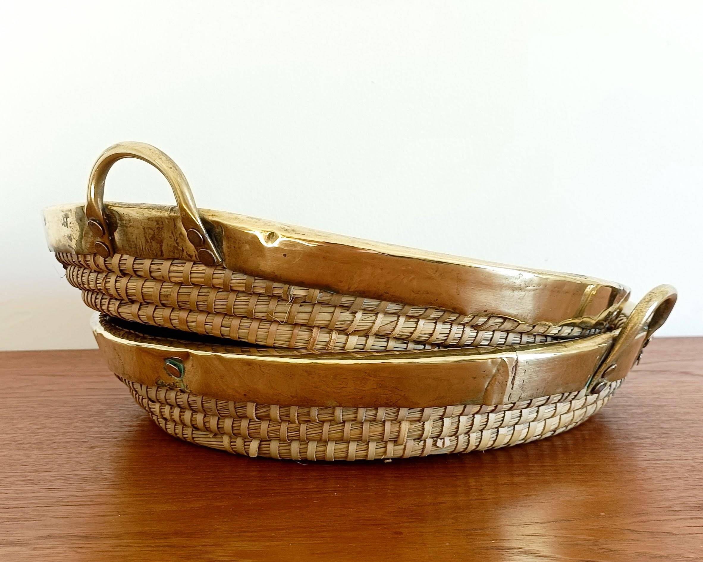 1970s Gabriella Crespi Style Handmade Natural Fiber and Brass Trays