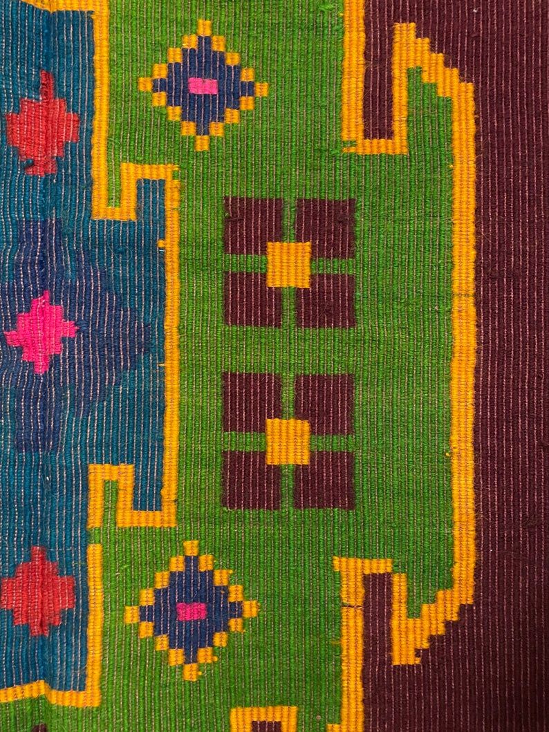 Handwoven vintage accent geometrical rug, colorful wool, Romanian carpet 230x160cm