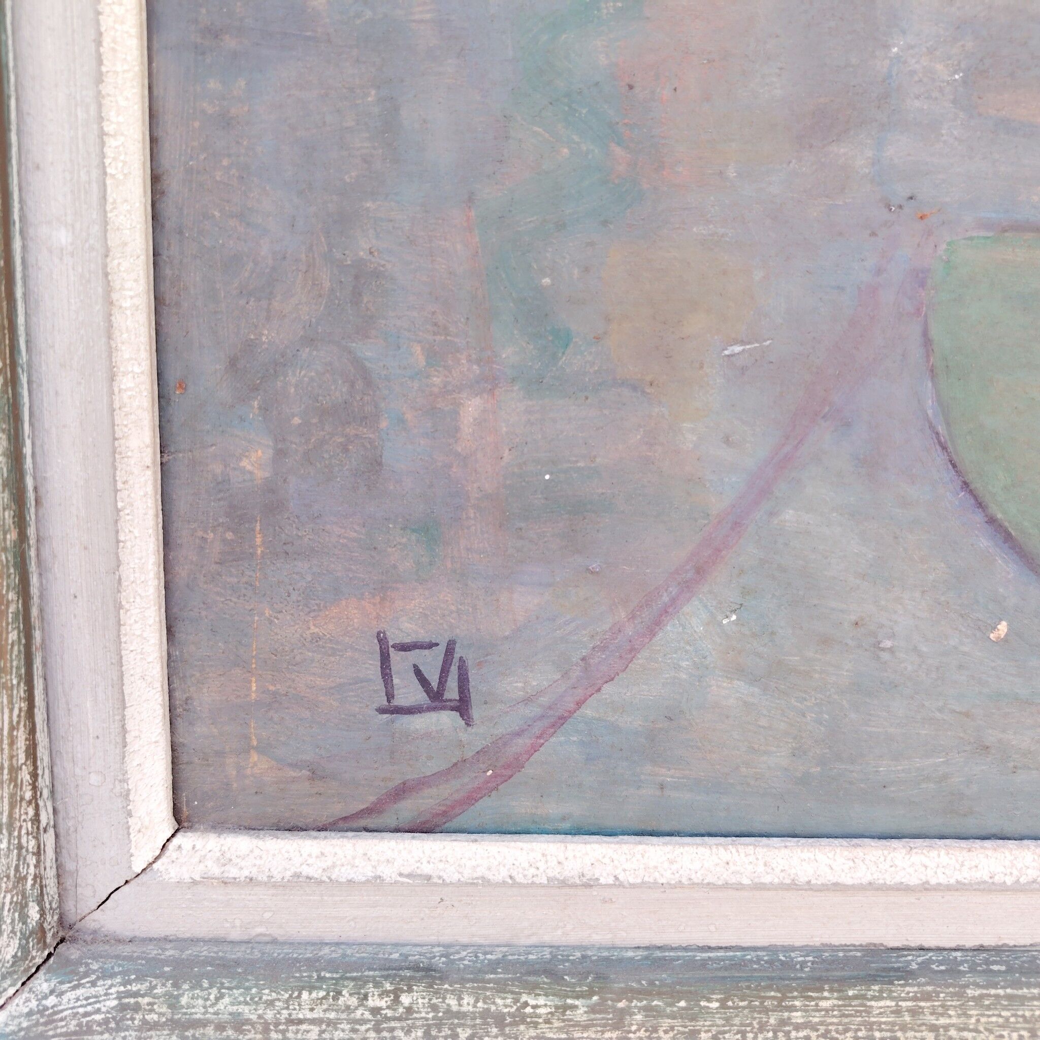 Tableau peinture gouache bord de rivière en Bretagne, vintage
