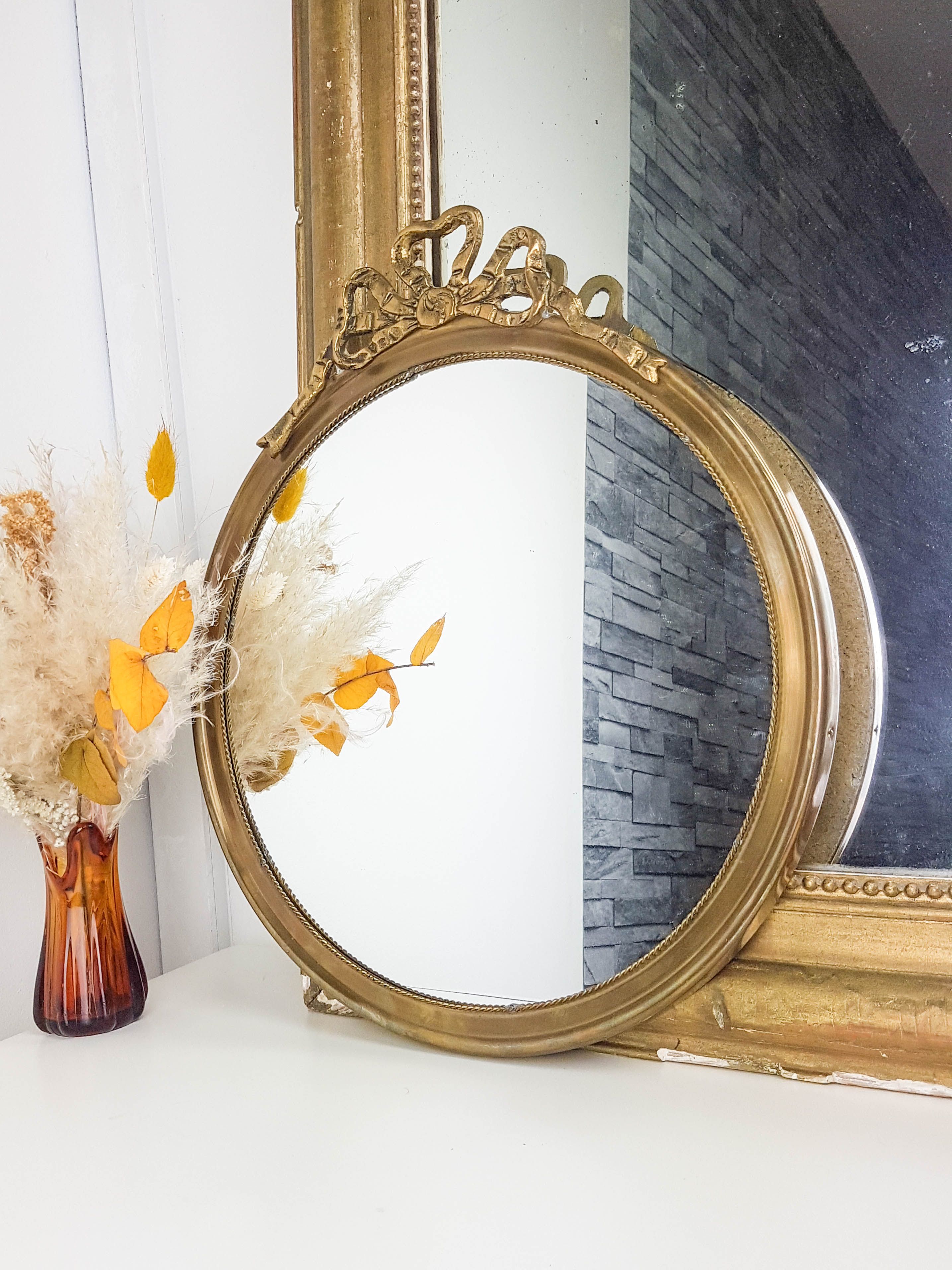 Miroir Mural Rond Porte-bijoux En Laiton Vintage - Occasion, Diamètre 20 Cm
