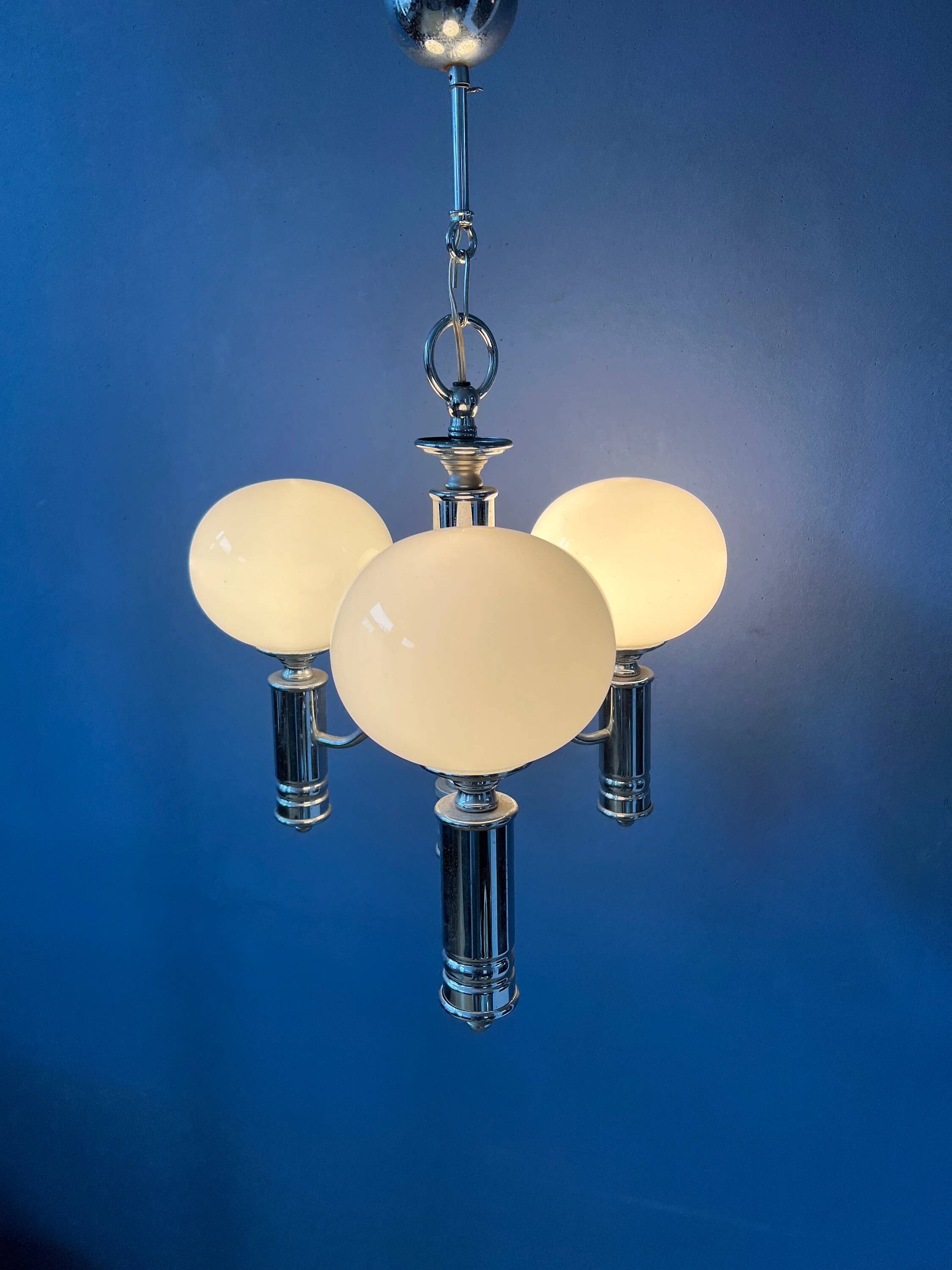 Mid-Century opaline glass chandelier with chrome structure