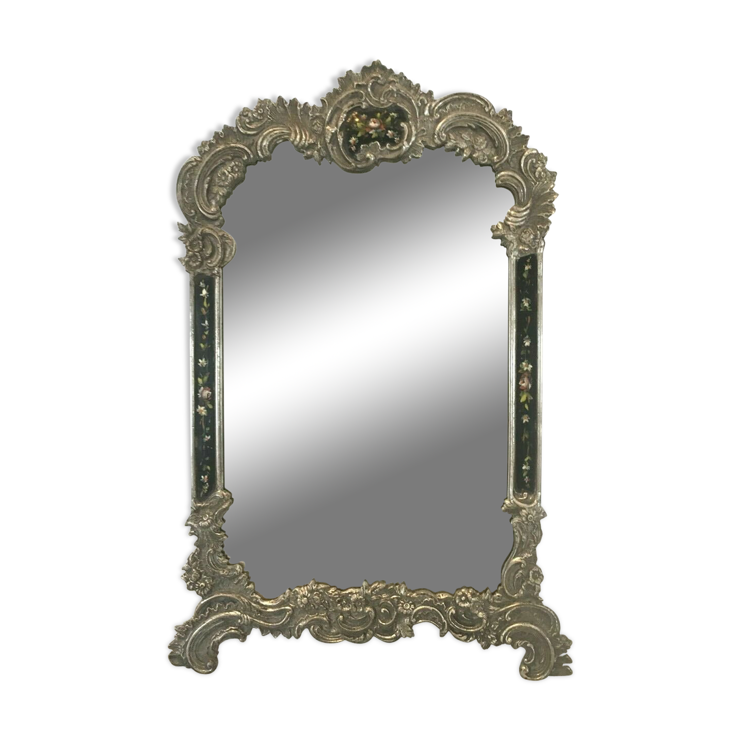 Louis XV style table mirror silver bronze frame floral painting 24x39cm