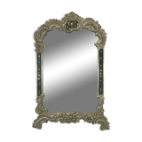 Miroir de table de style Louis XV cadre en bronze argenté peinture florale 24x39cm