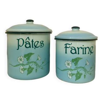 Vintage set of 2 green enameled metal spice jars