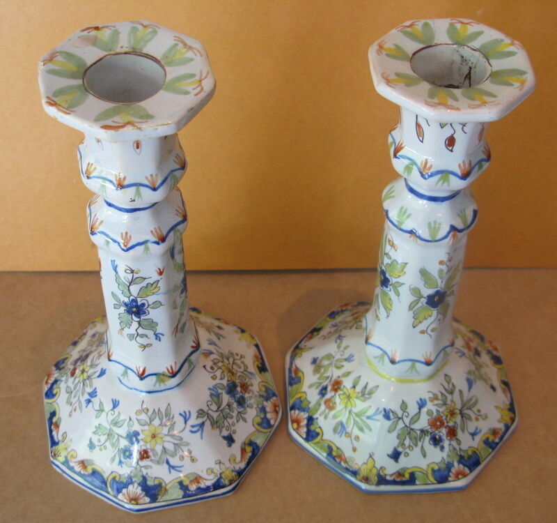 Pair of antique earthenware candlesticks with Rouen decor
