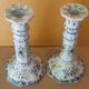 Pair of antique earthenware candlesticks with Rouen decor