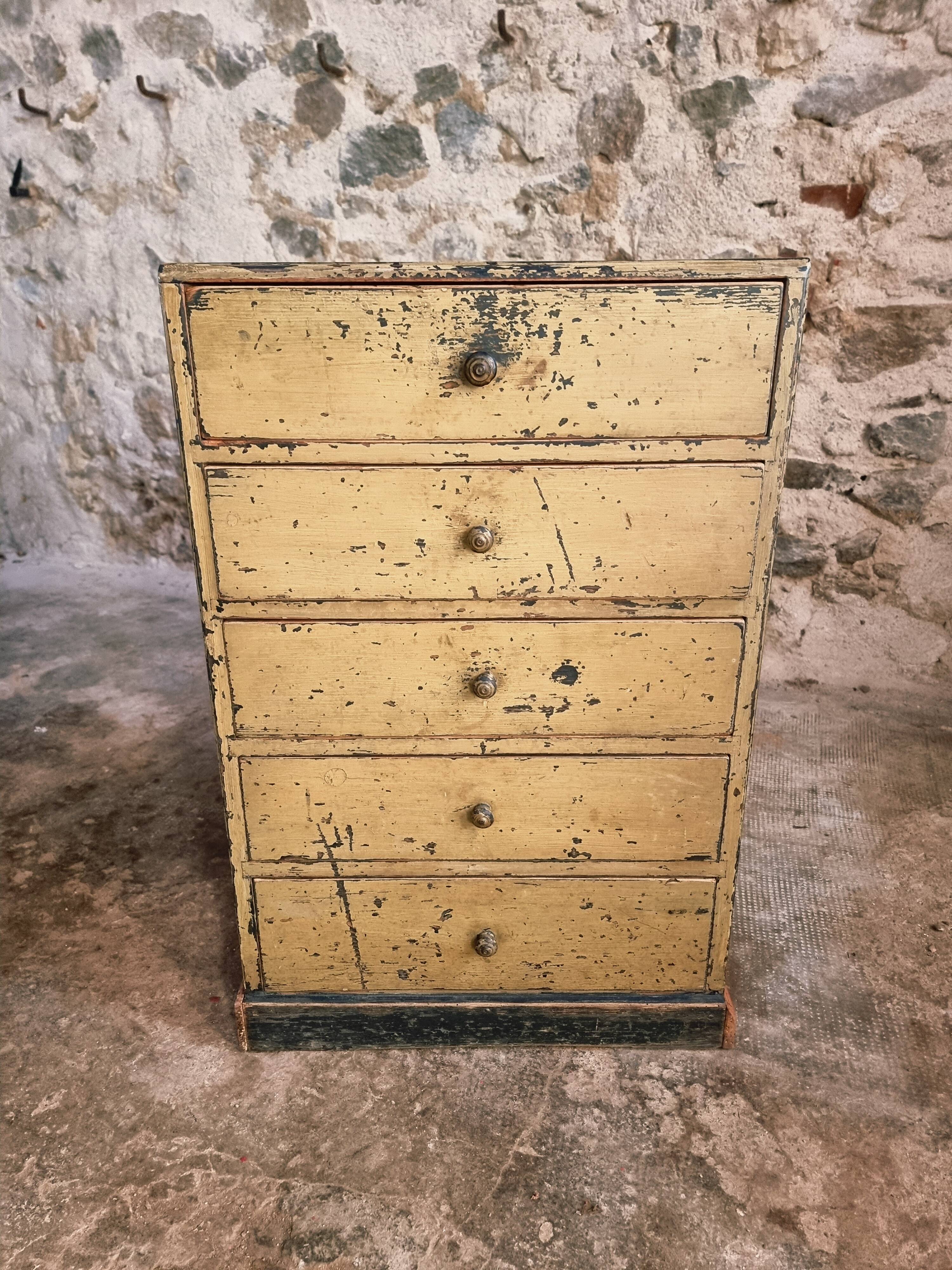 Antique French pine drawer cabinet – Narrow storage unit – Workshop/apothecary style – circa 1900