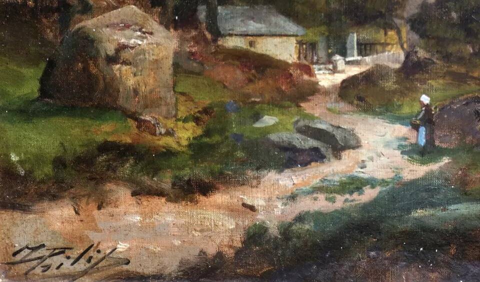 Wonderful 19th Century Mountain Landscape W/ Houses & Figures