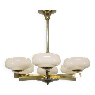 Art Deco brass chandelier with opaline glass, Czechoslovakia, 1930s