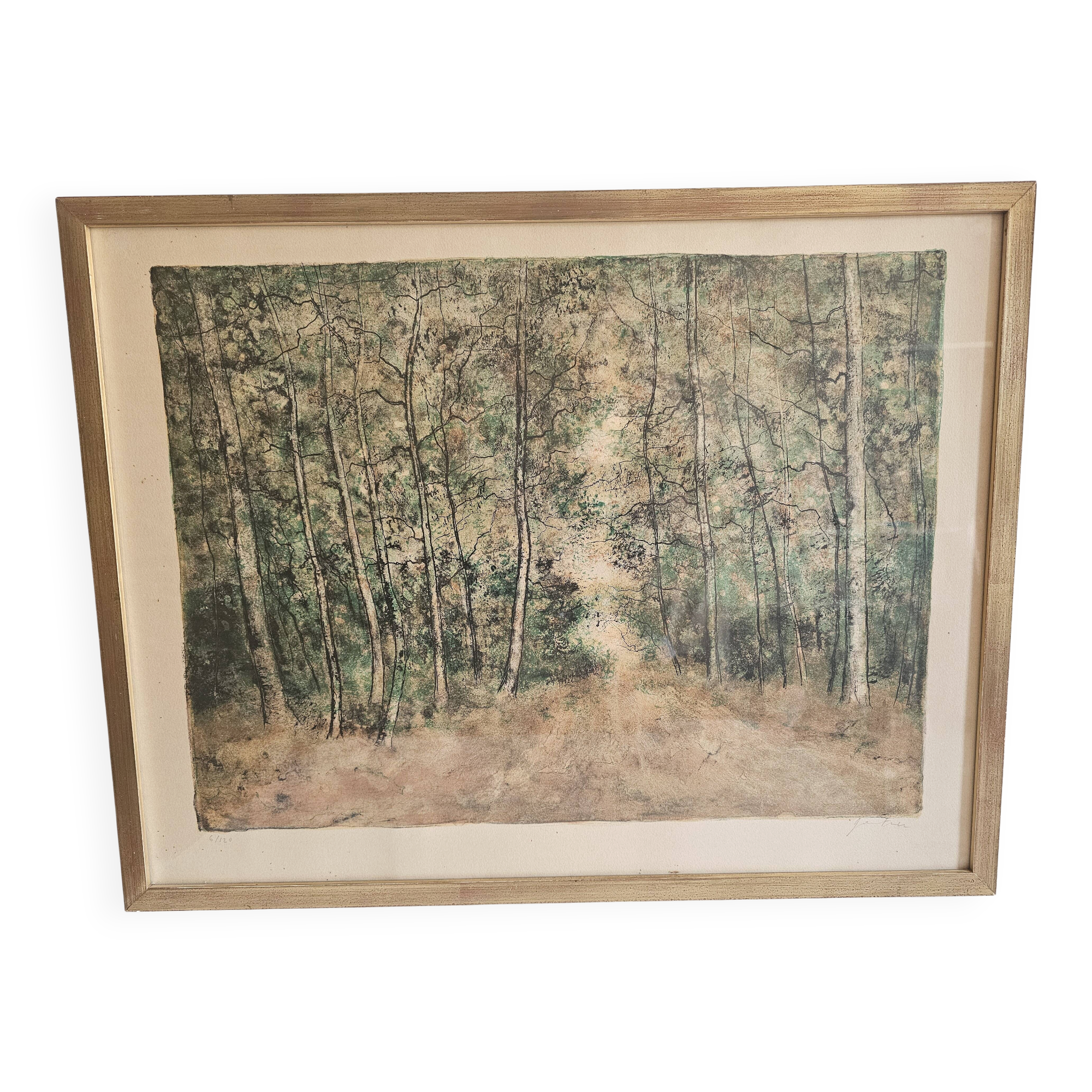 Tableau Lithographie ancienne - Paysage forêt - Bernard Gantner