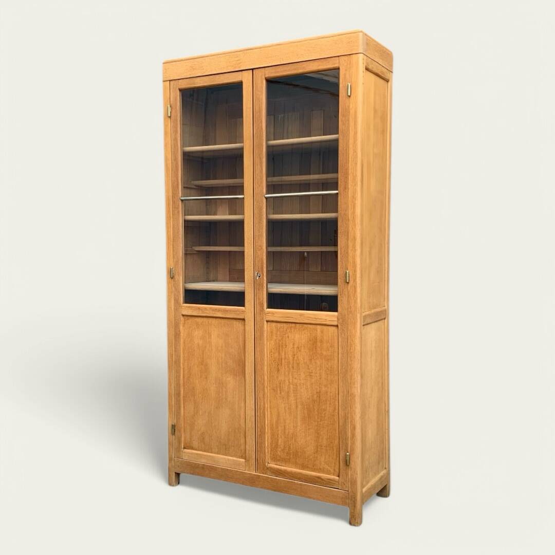 Parisian glass cabinet in solid raw oak, 1950