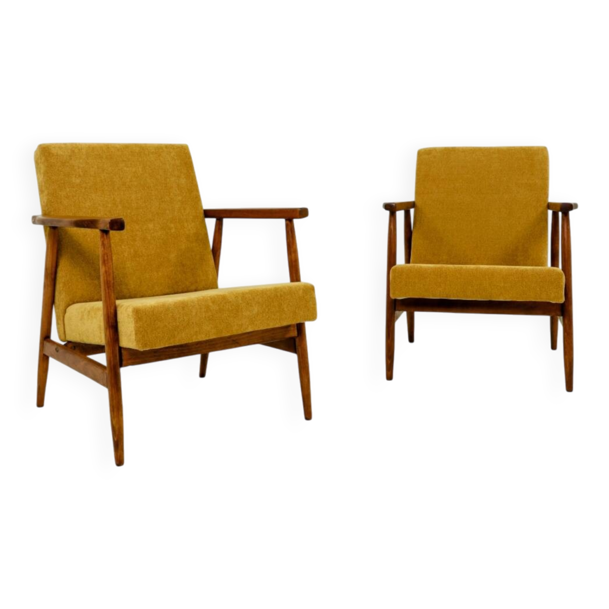 Vintage set of armchairs, golden yellow fabric, refurbished, 1970