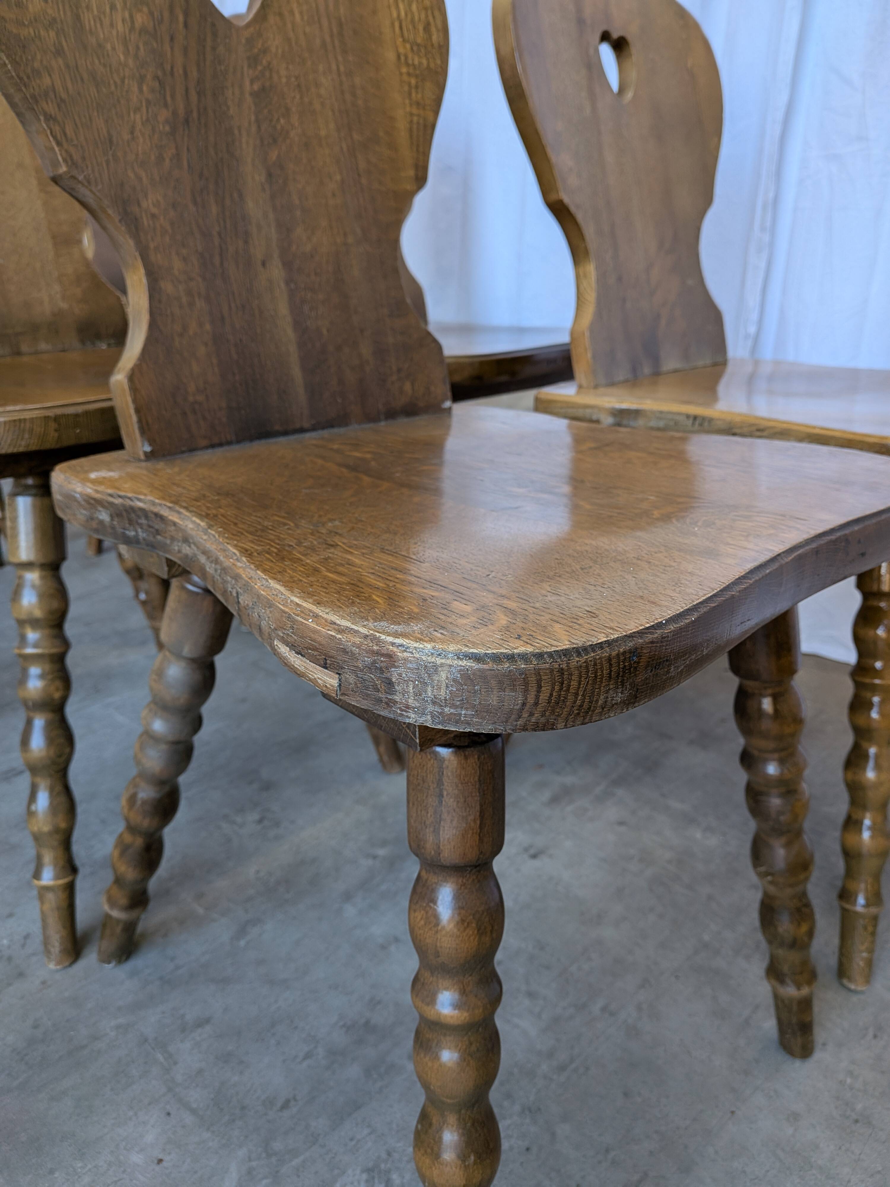 Set of 8 Vintage Tyrolean Heart Cutout Wooden Dining Chairs / Darker Brown