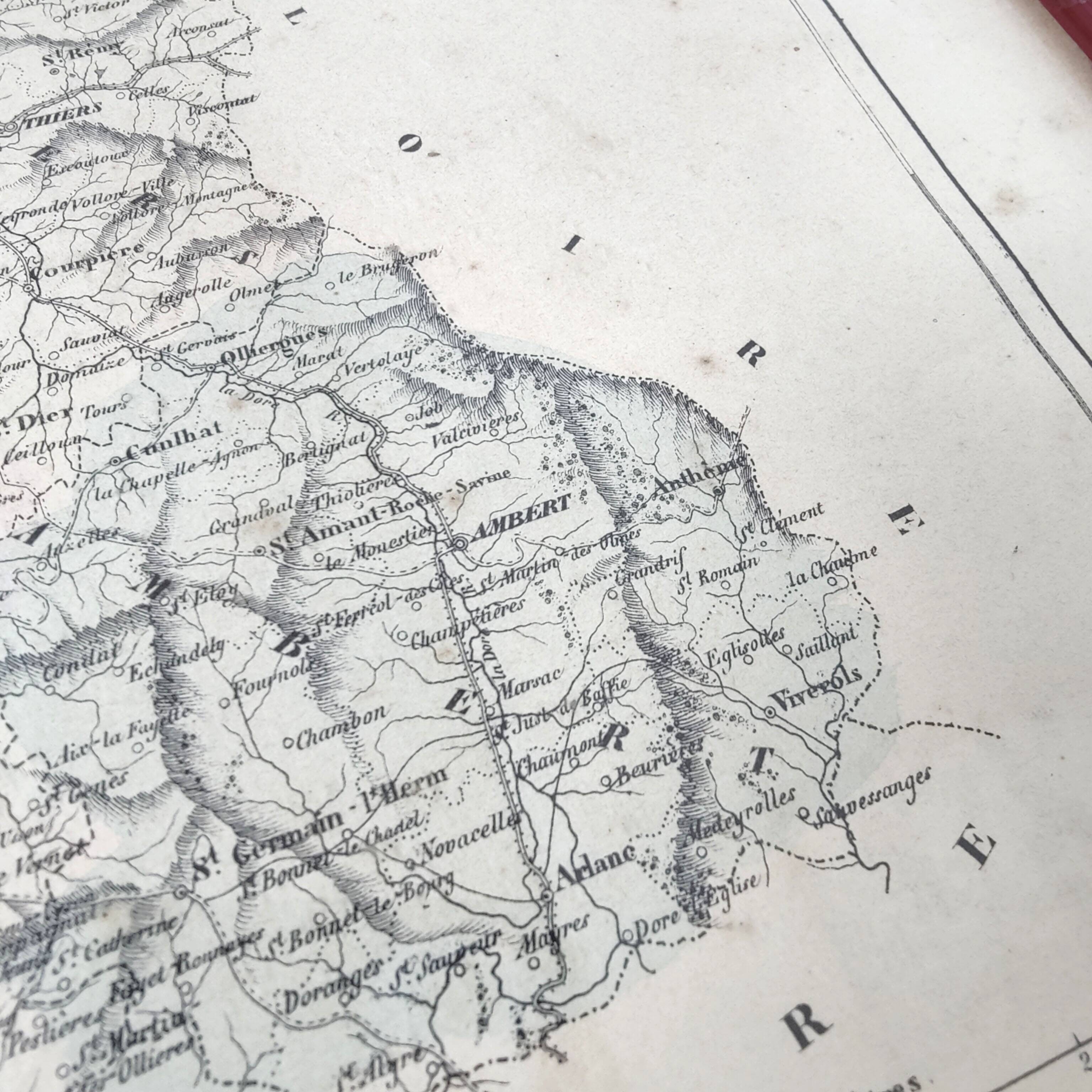 Auvergne Puy engraving map of dome wooden frame old plan of Clermont Ferrand