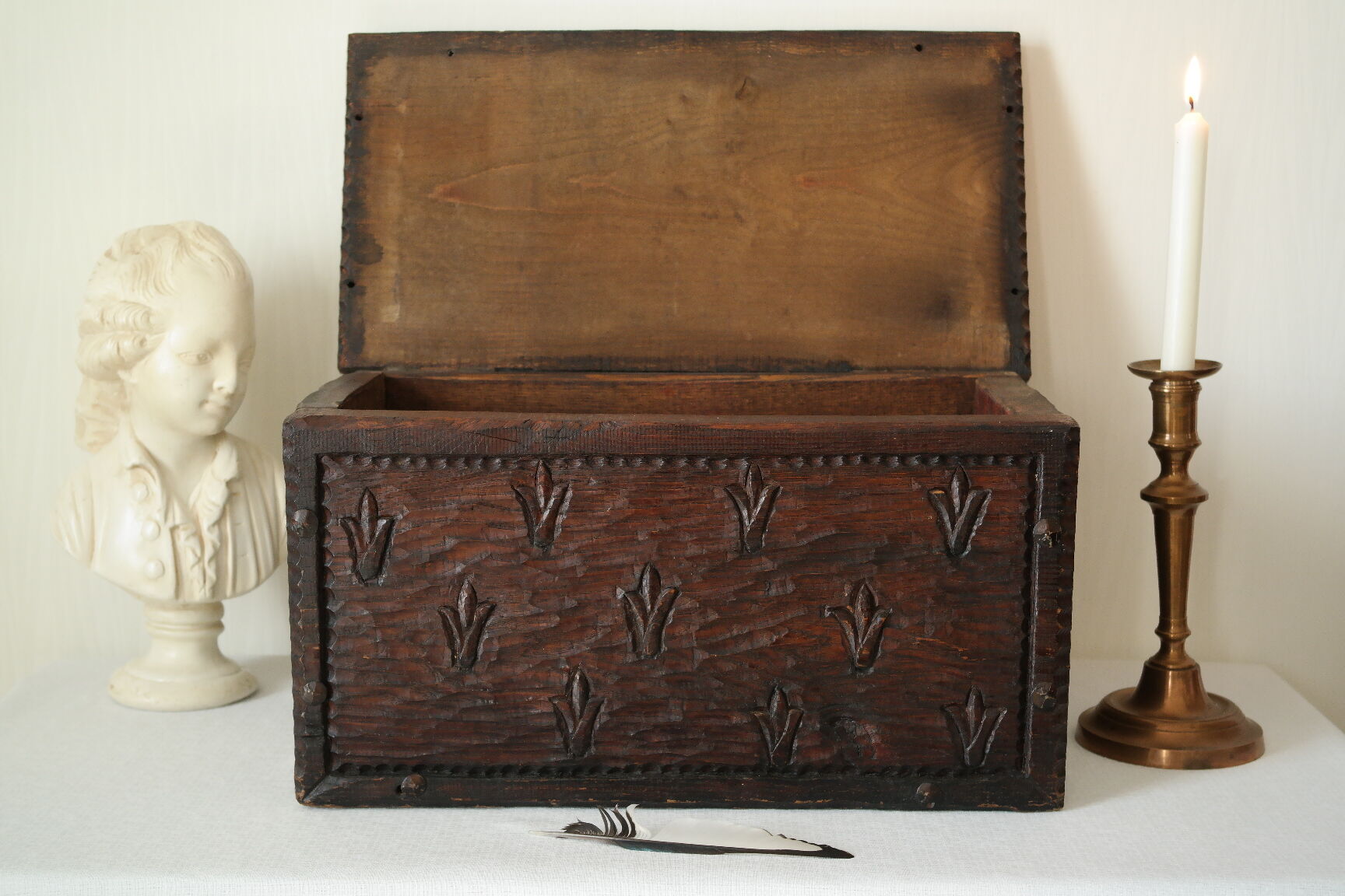 Carved wooden chest bas-reliefs artisanal XXth