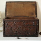 Carved wooden chest bas-reliefs artisanal XXth