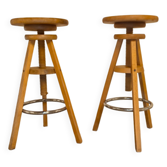 Pair of vintage workshop stools with screws in wood and chrome