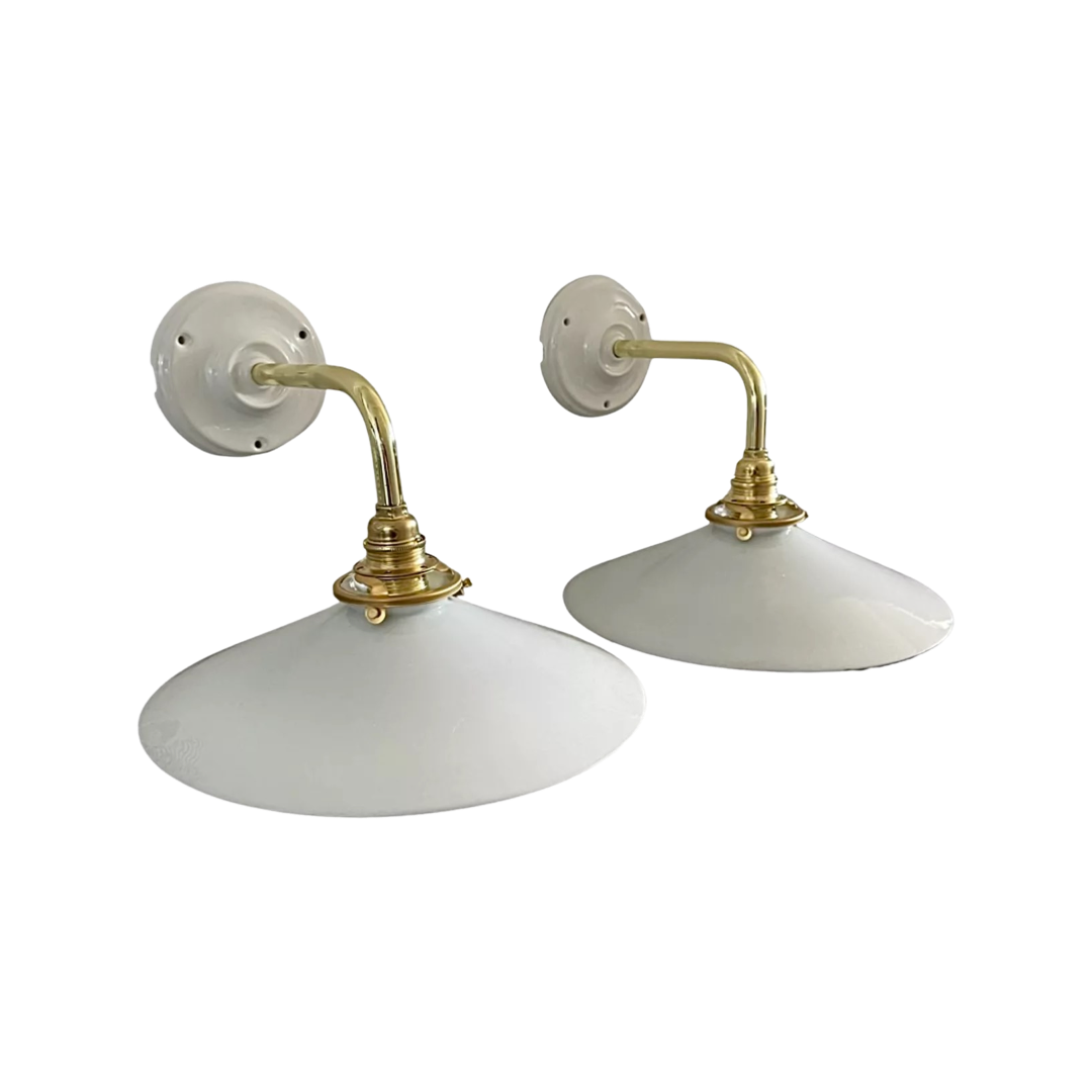 Set of two electrified white opaline wall lamps to nine