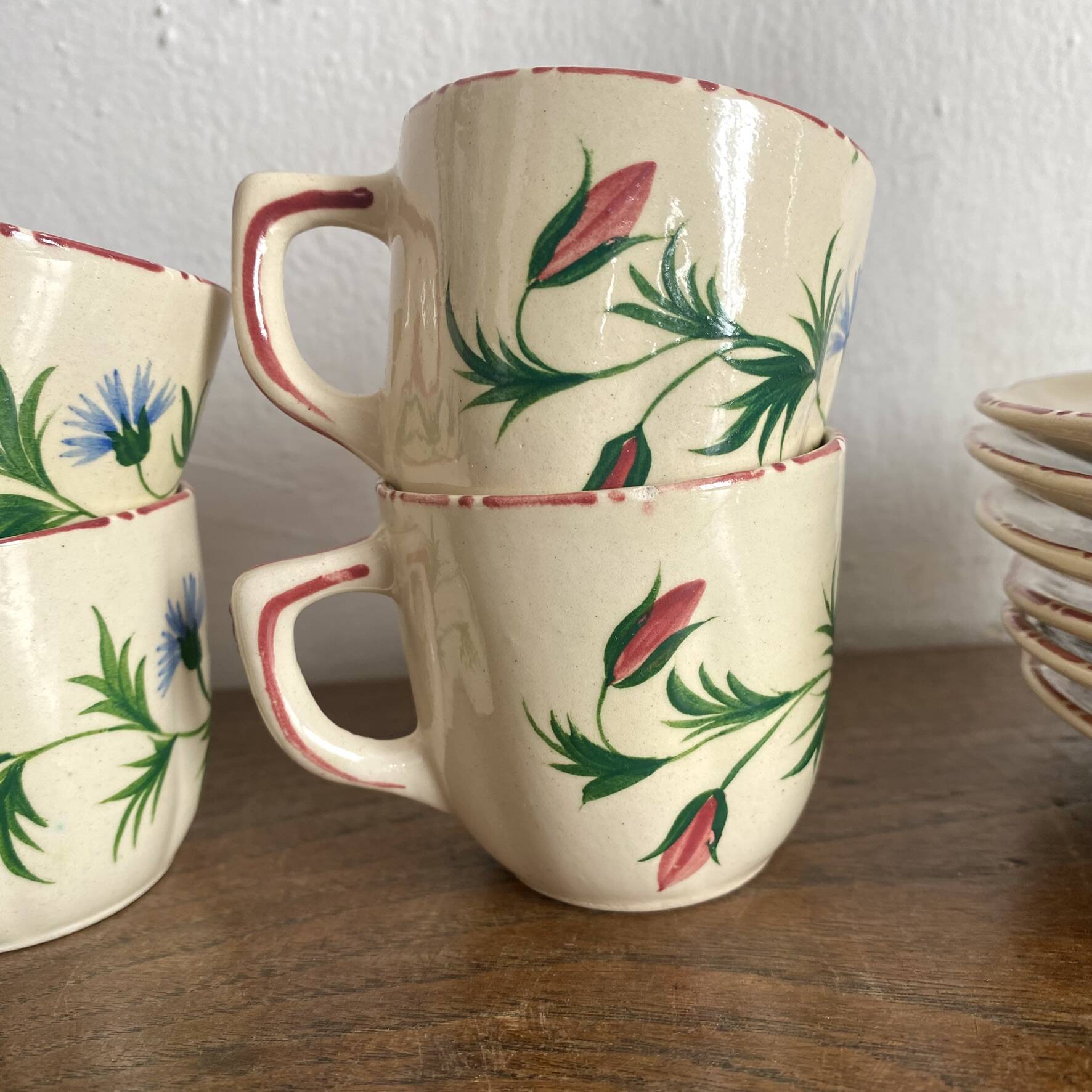 Coffee cups and saucers in Desvres earthenware.