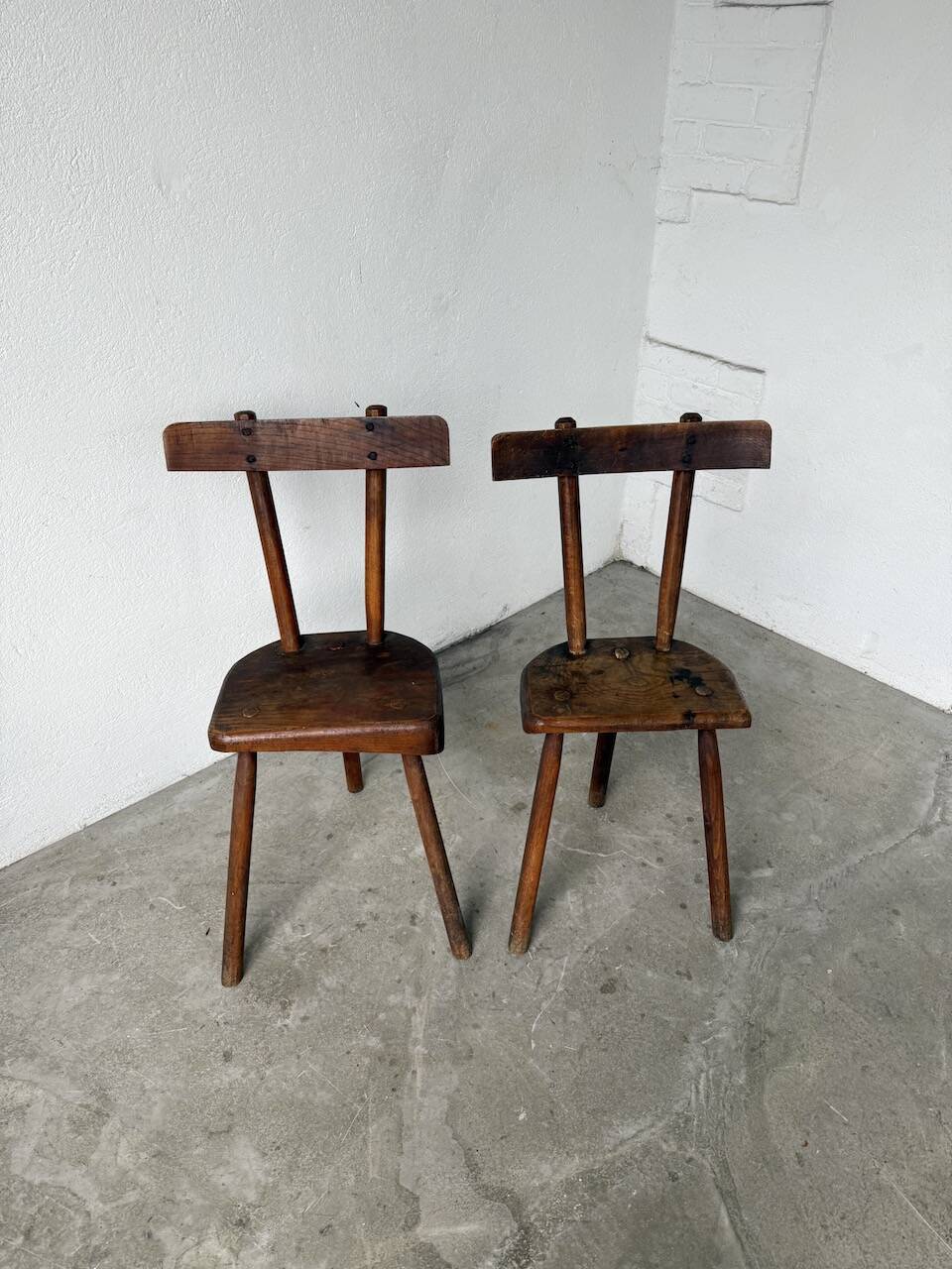 Pair of Savoyard tripod chairs, folk art, oak.