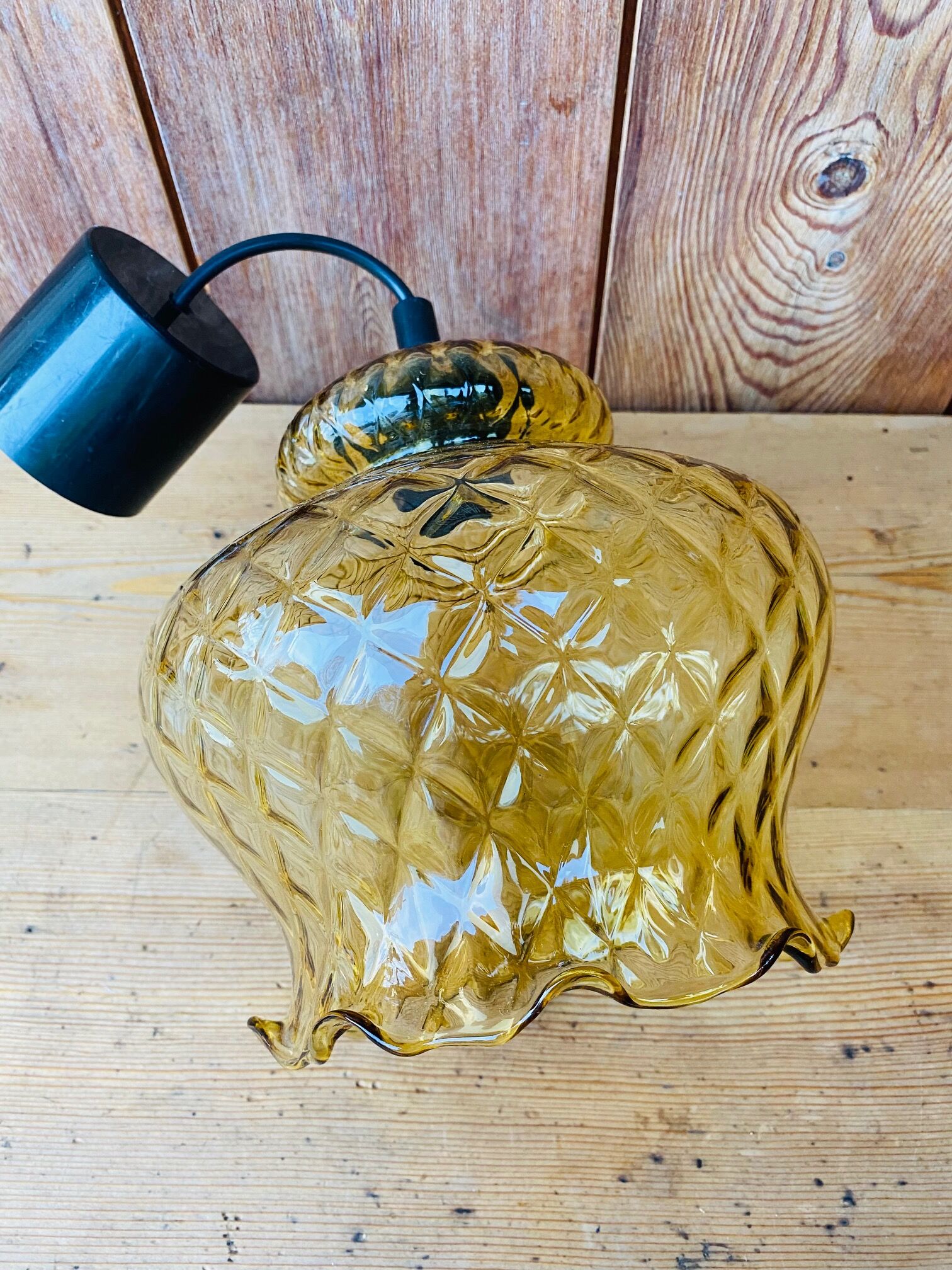 Vintage striated amber glass pendant lamp
