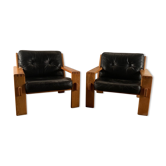 Bonanza leather and wood armchairs by Esko Pijamies for Asko, 1960s, set of 2