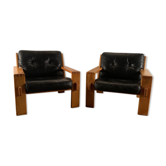 Bonanza leather and wood armchairs by Esko Pijamies for Asko, 1960s, set of 2