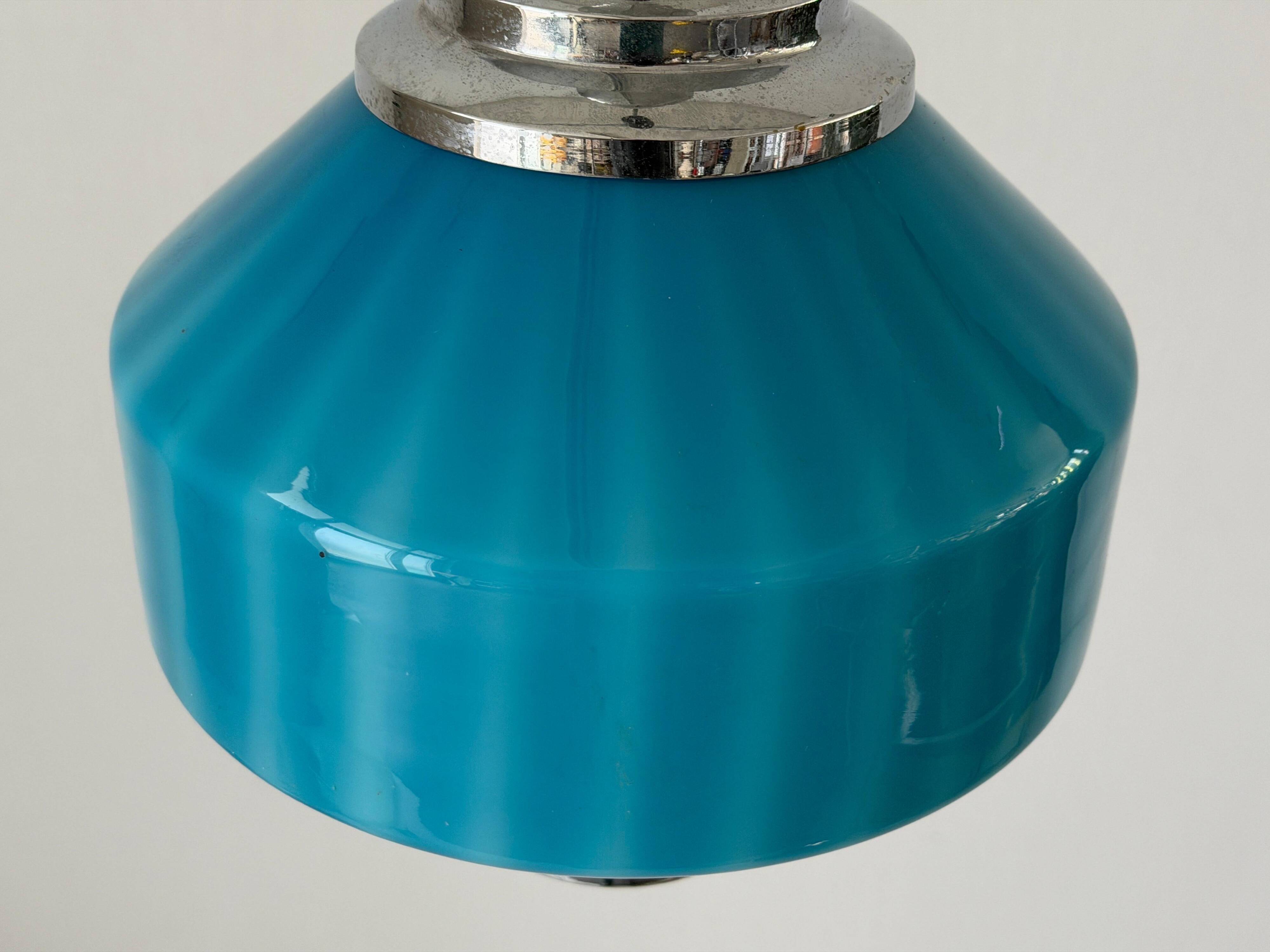 Blue glass ceiling light with a chrome frame, 1960s, Germany.