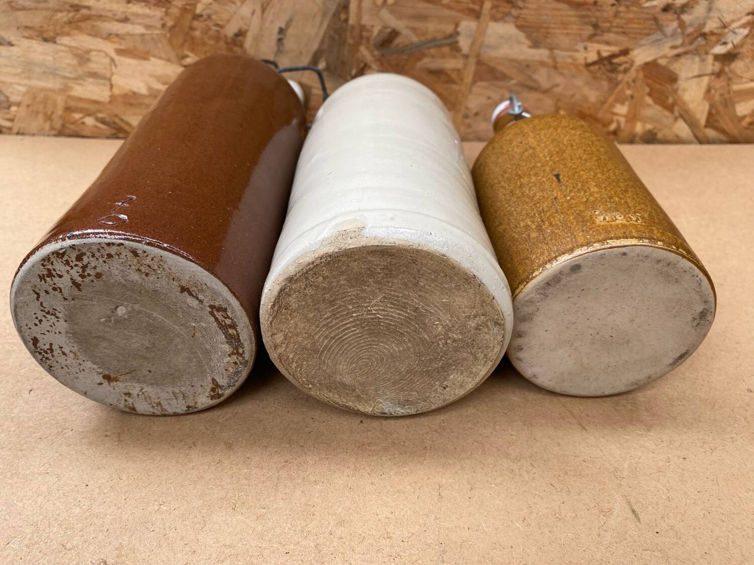 Set of 3 old brown & white stoneware bottles vintage kitchen