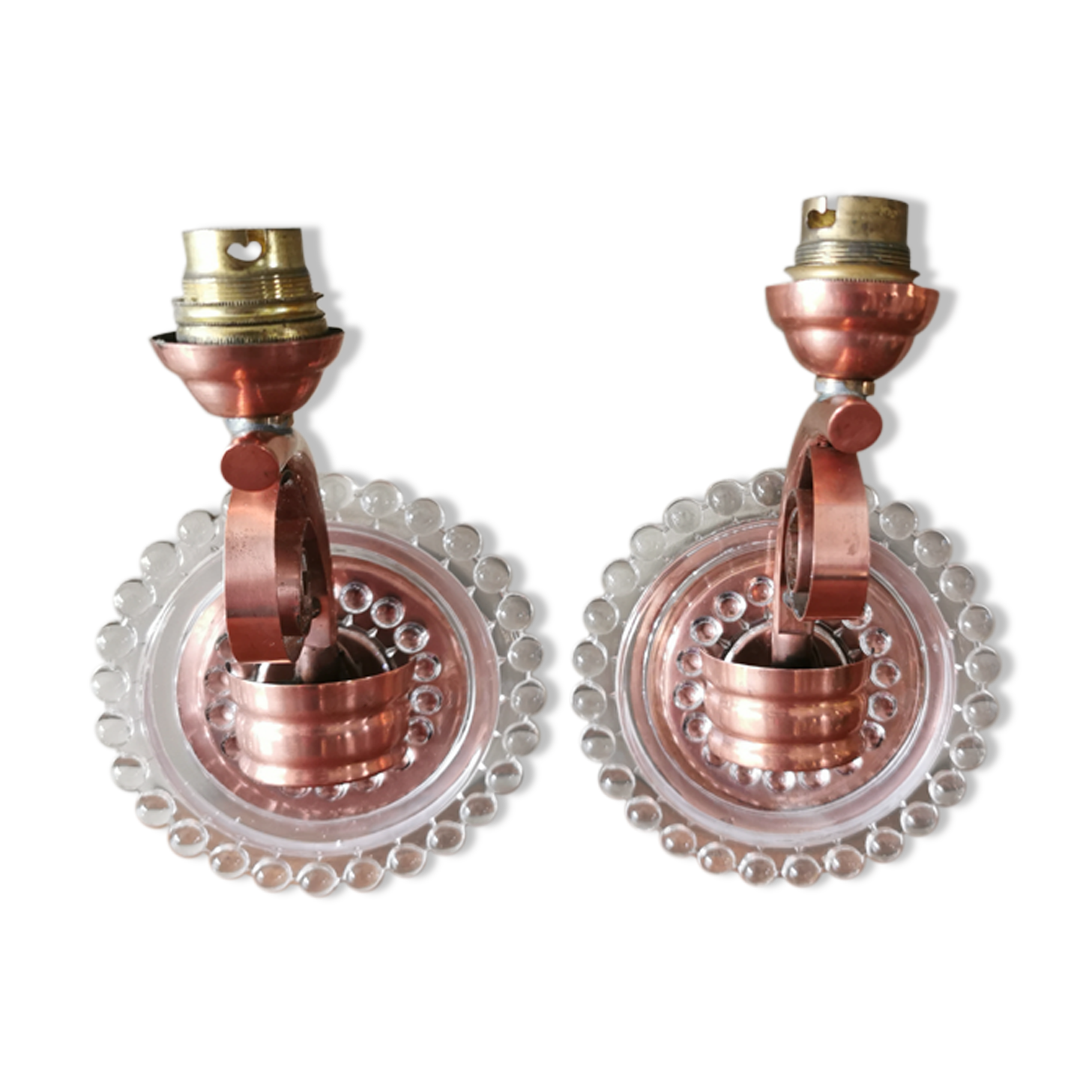 Pair of art deco wall light in glass and copper