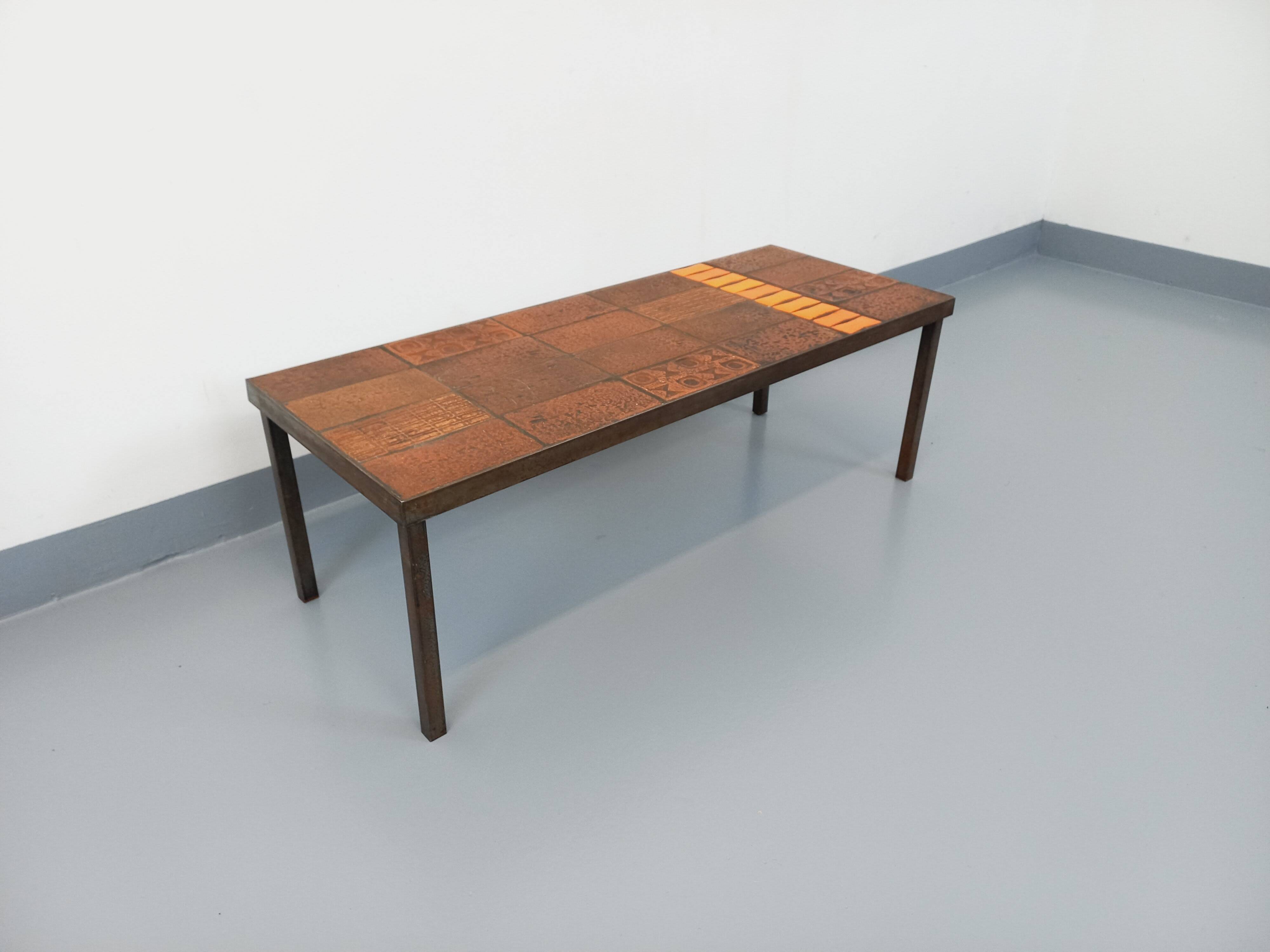 Vintage rectangular coffee table by Jean Jaffeux in steel and ceramic from the 60s