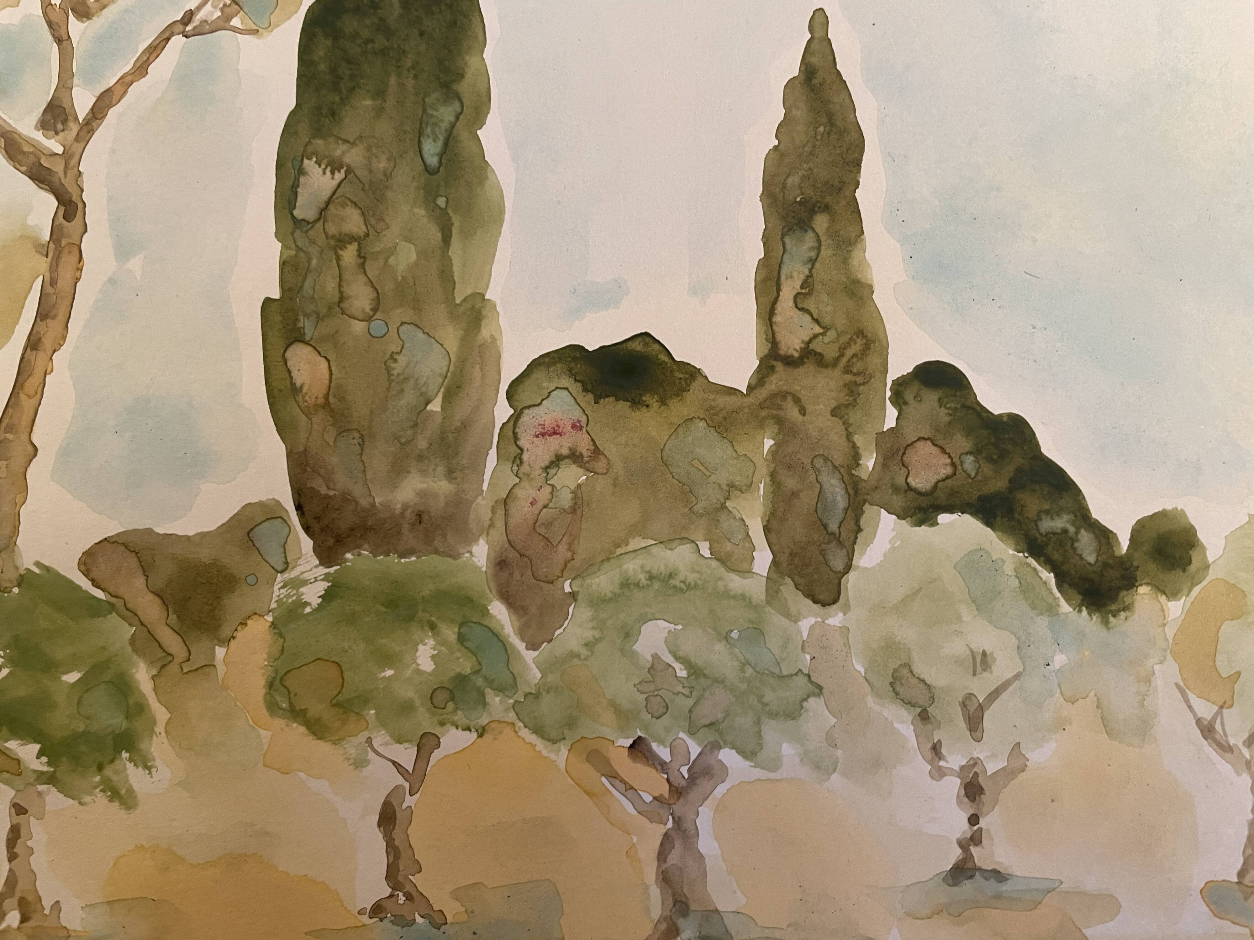 Signed watercolor painting “olive tree field in Provence”