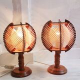 Portuguese mid century natutal wood straw organic material bedside table lamps 1960s SET of 2