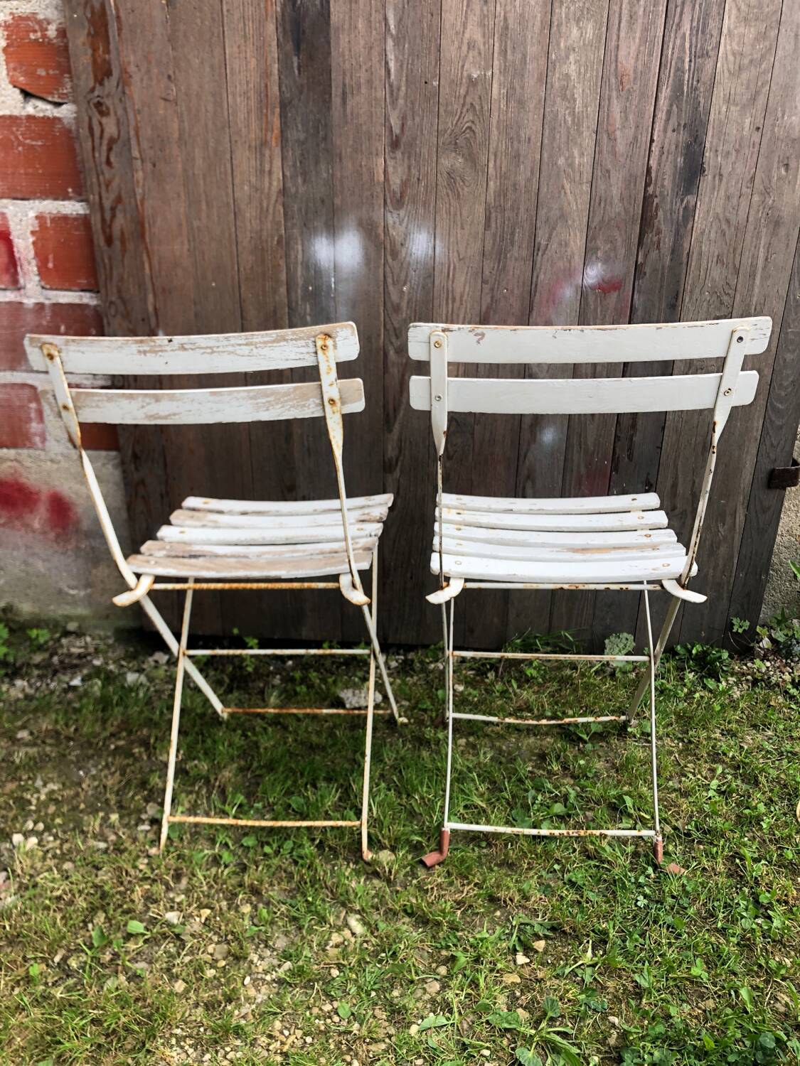 Pair of vintage white metal & wood folding garden chairs