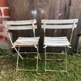 Paire de chaise pliante de jardin en métal & bois blanc vintage