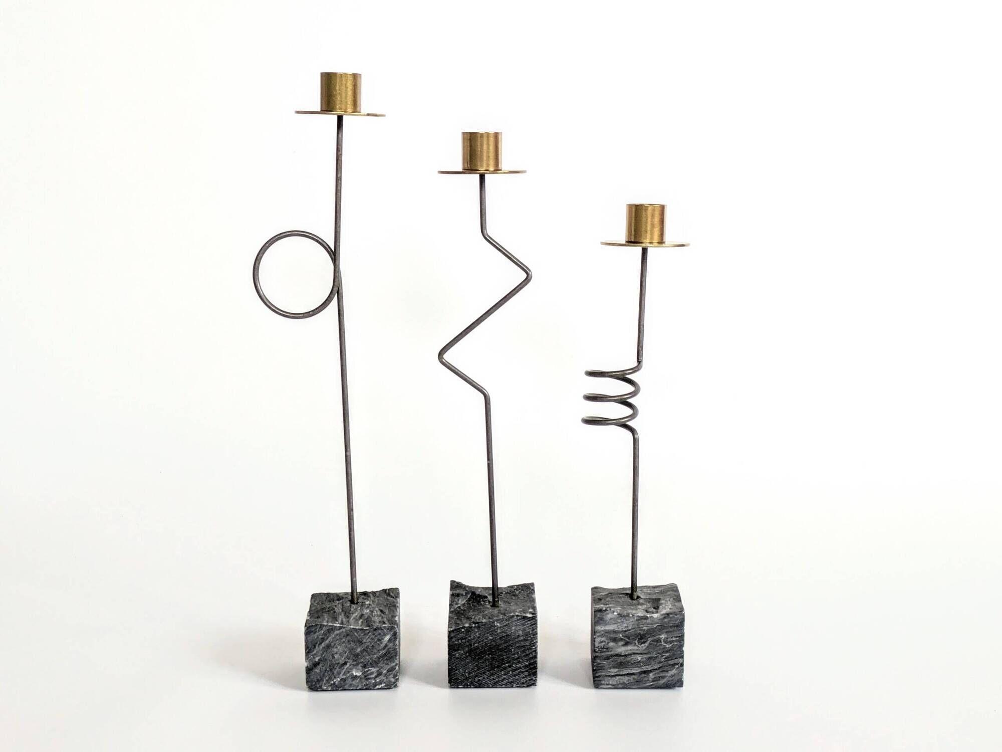 Set of 3 candlesticks | IKEA “Kräsen” from the 1980s | Steel, Brass, Granite