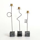 Set of 3 candlesticks | IKEA “Kräsen” from the 1980s | Steel, Brass, Granite