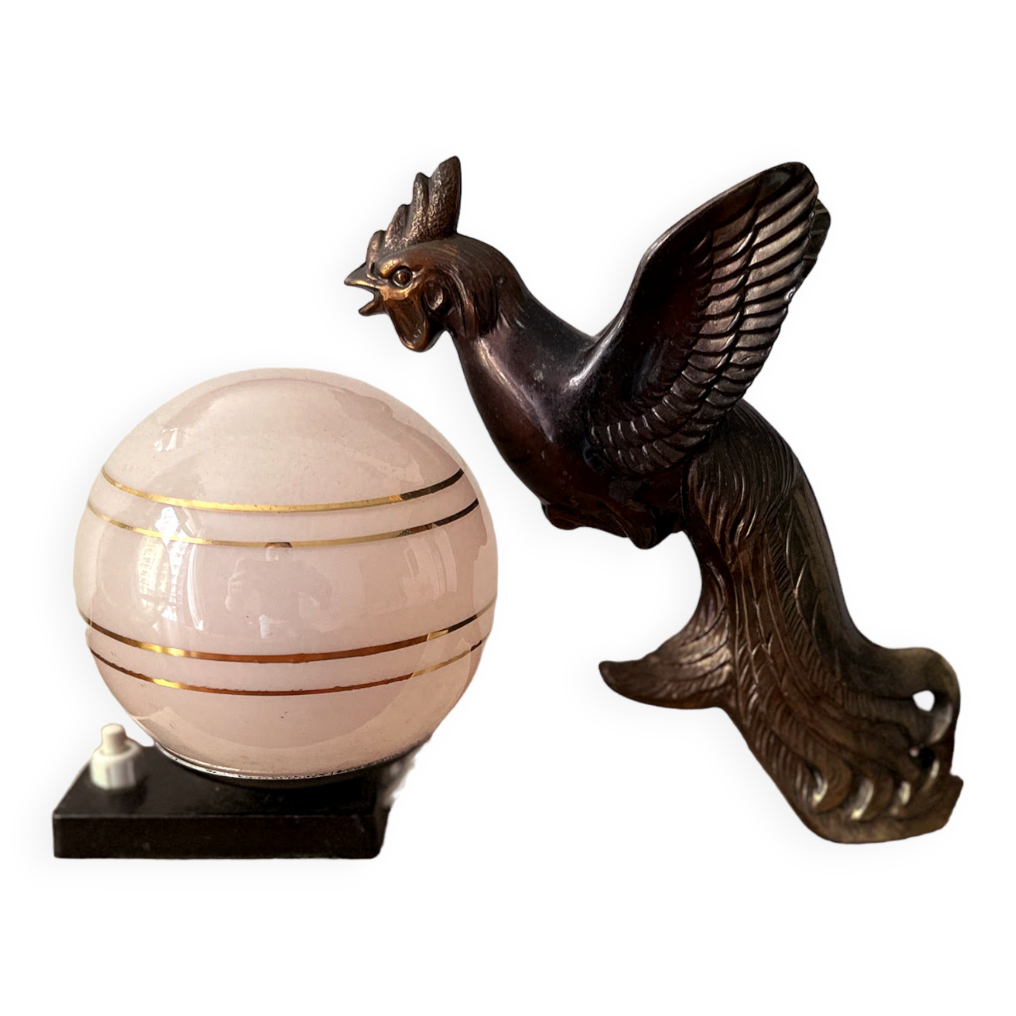 Art Deco lamp marble bird and pink opaline 1930s/40s