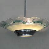 Chandeliers, green glass with floral motifs, art deco ceiling lamp with 1 lights