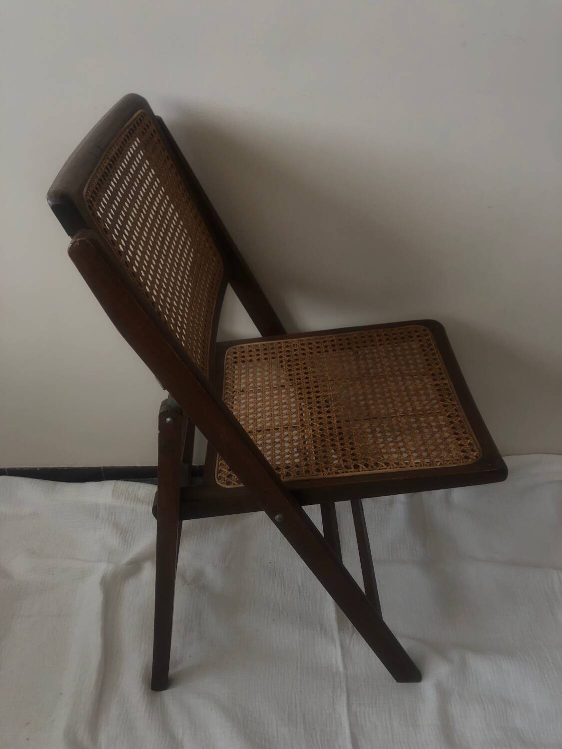 Pair of folding chairs in cane and dark wood