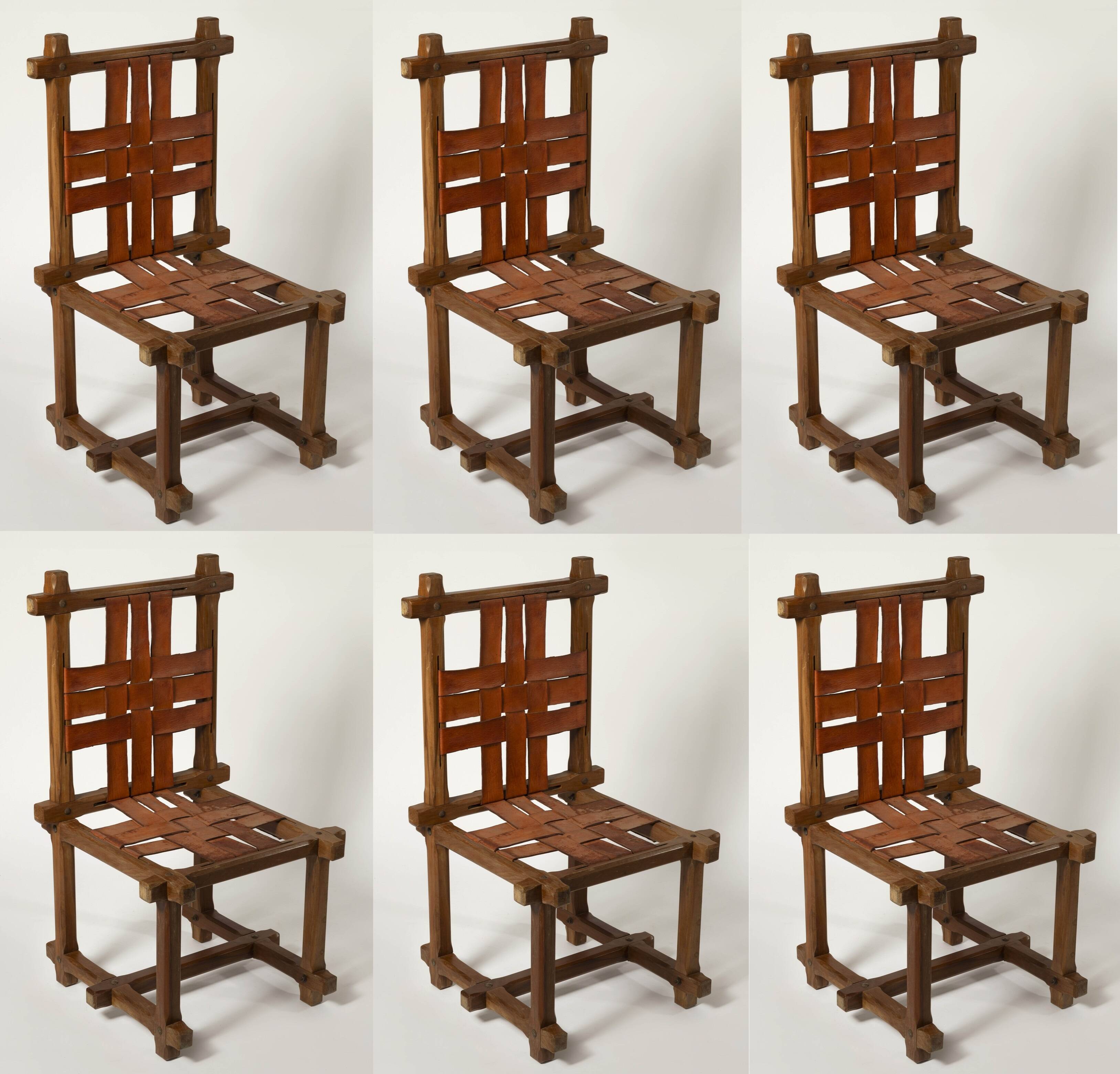 Ensemble de 6 chaises brutalistes uniques en teck et cuir