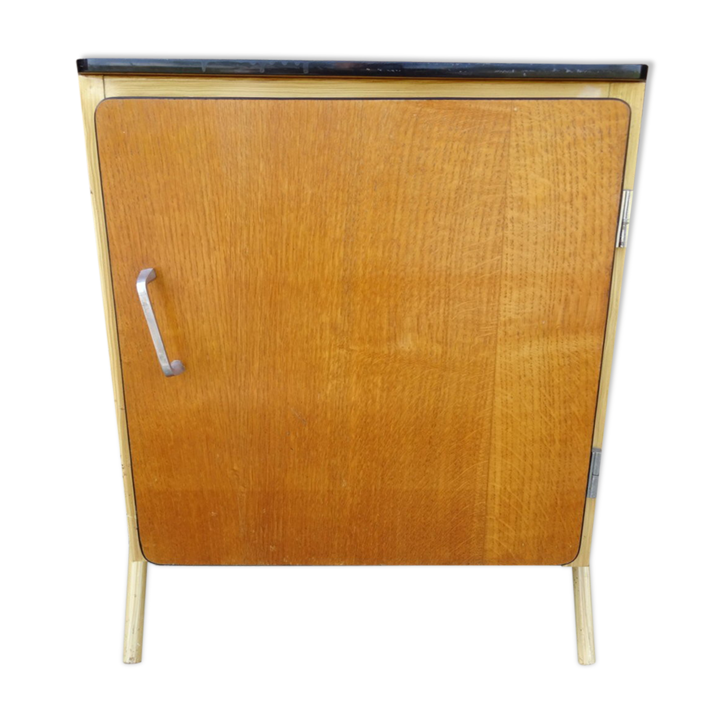 Metal and wood boarding school bedside table