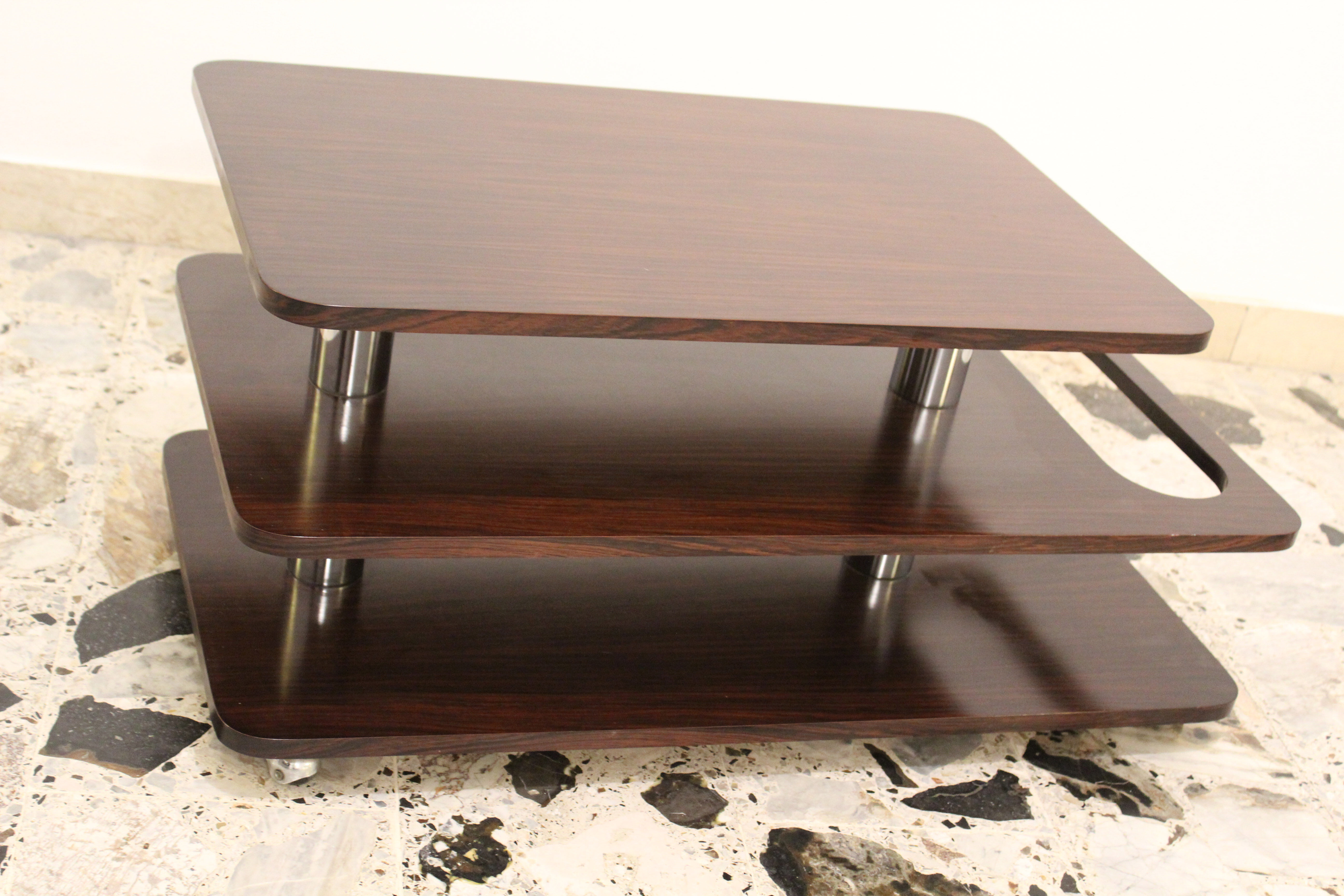 Coffee Table-Bar low laminate rosewood and chromed metal, Italy 70's