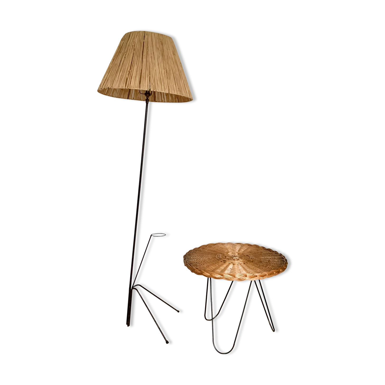Lampadaire Vintage Tripode Abat Jour Rafia Selency