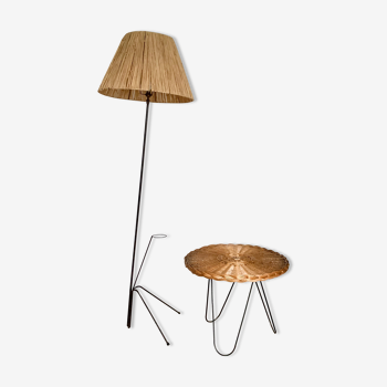 Lampadaire vintage tripode abat-jour rafia