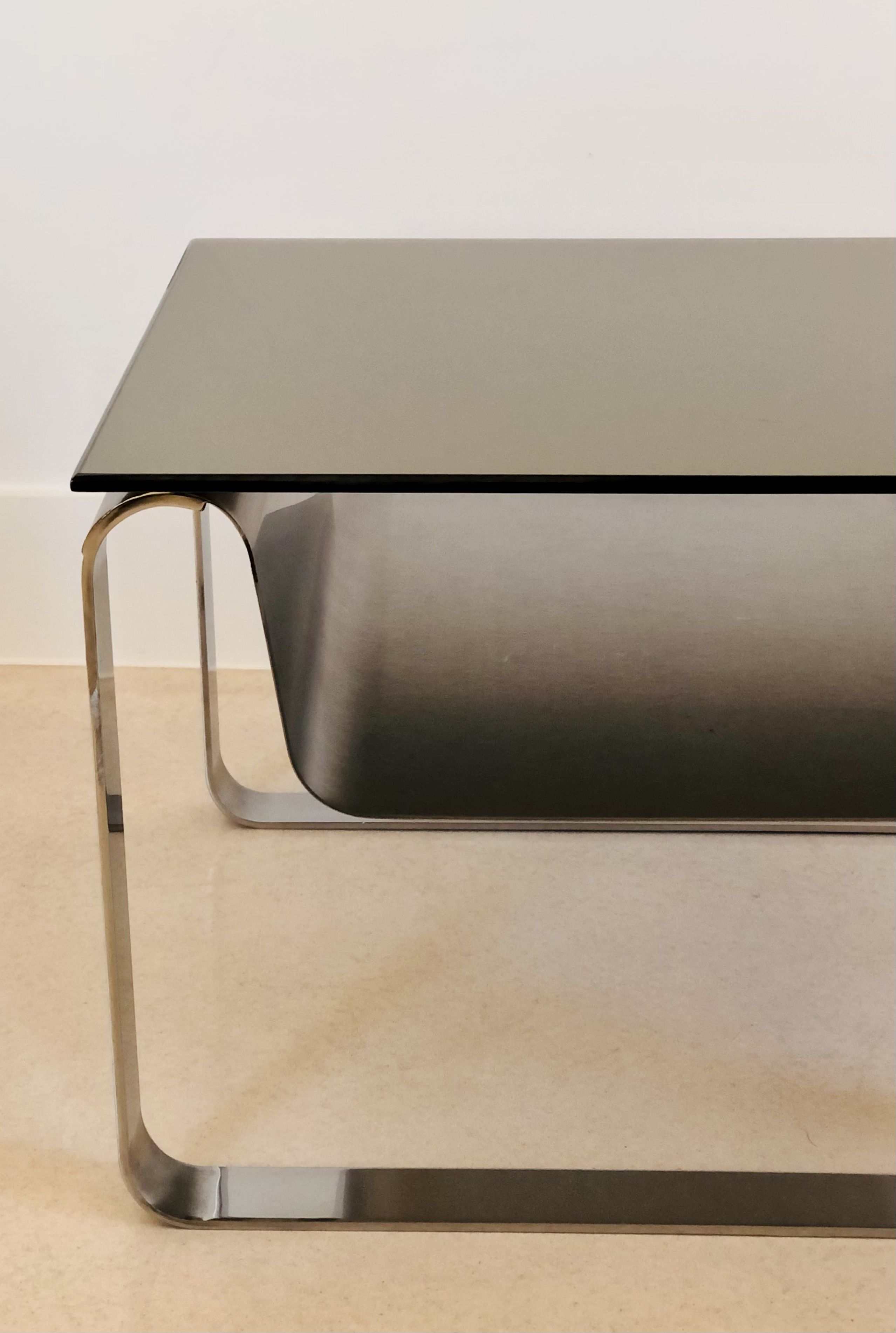 End of sofa, stainless steel magazine rack and mirror glass, France 70s